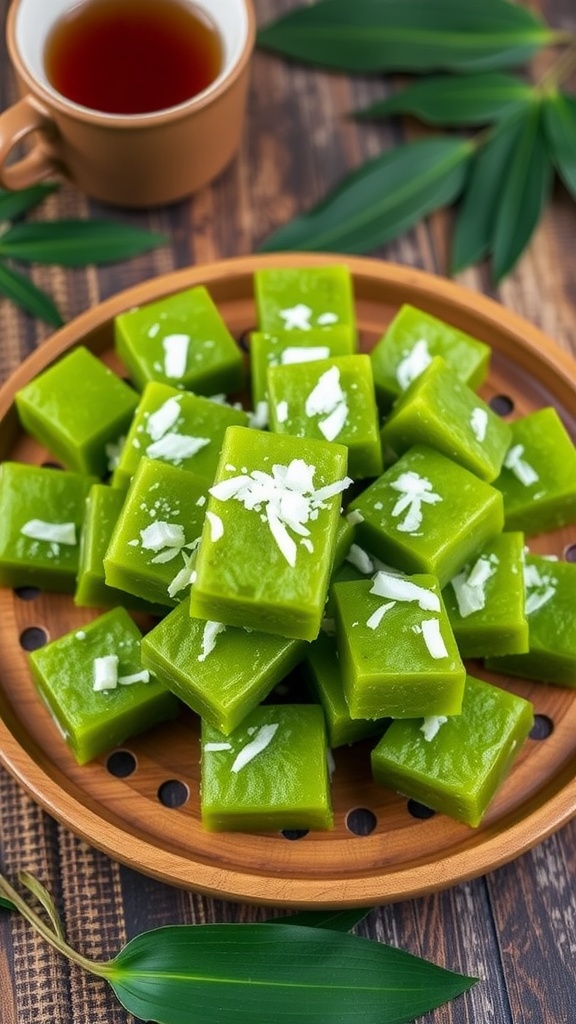 Traditional Indonesian Kue Cubir snack, green squares with grated coconut on a wooden plate.